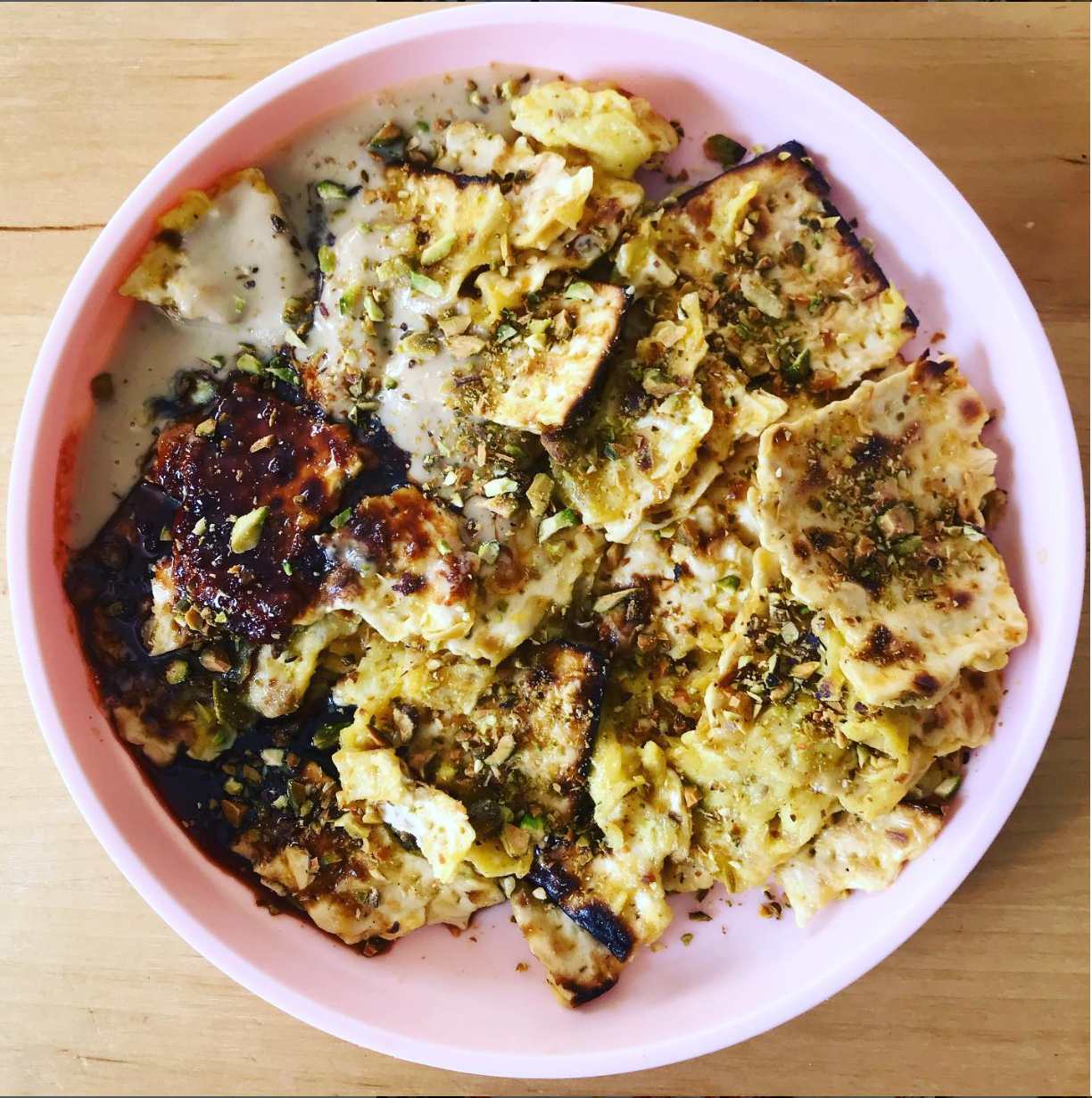 Matzo Brei with Tahini, Date Syrup, and Pistachios